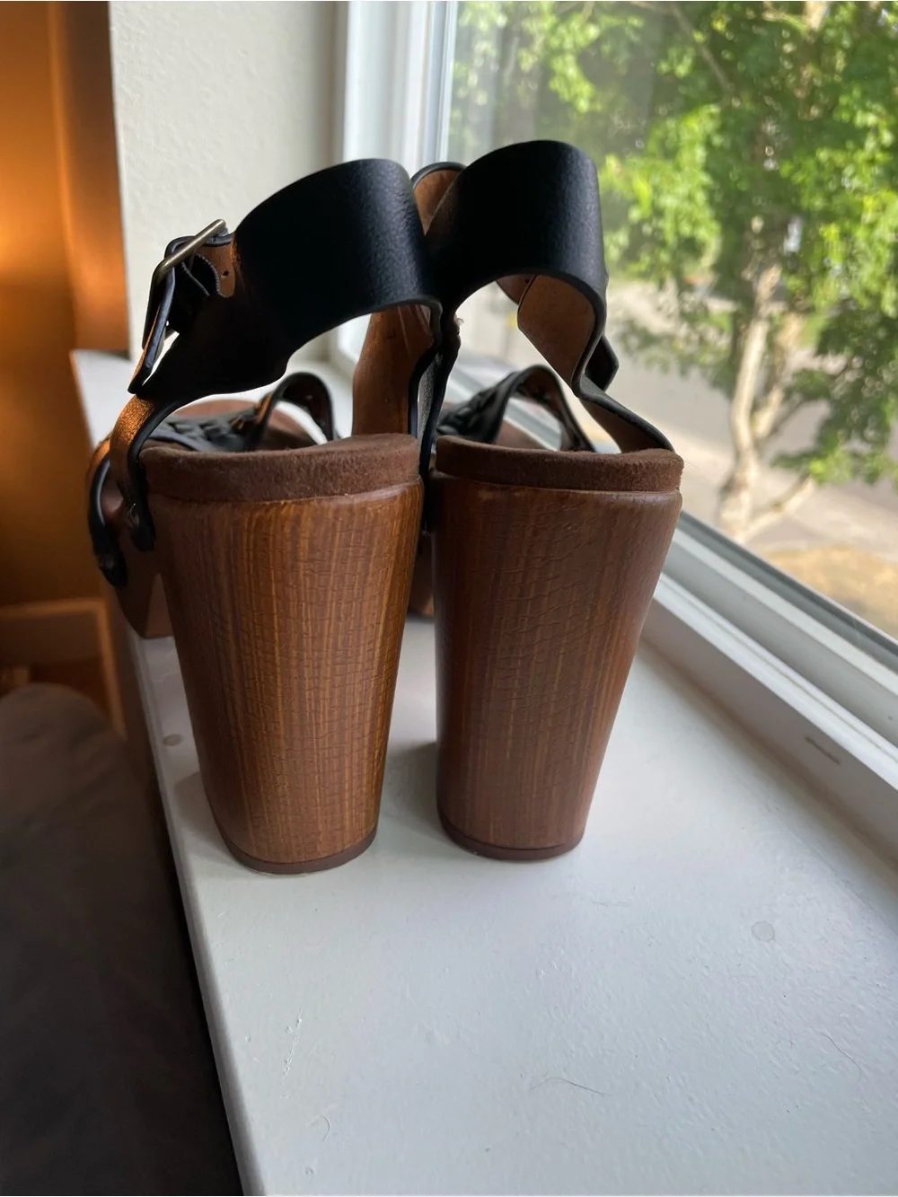 White Mountain Black Leather Platform Sandals with Wood-Effect Heel